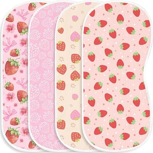 Baby Burp Cloths, 4 Pack 100% Cotton Muslin with Strawberry Print, Super Absorbent Washcloths for Infants, Perfect Newborn Baby Boy & Girl Gift