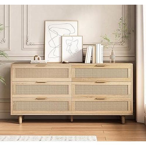 6 Drawer Double Dresser for Bedroom,Natural Rattan Modern Drawer Chest,Wooden Storage Wardrobe Dresser with Gold Handles,Floor Standing Storage Cabinet, for Living Room,Hallway (Natural)
