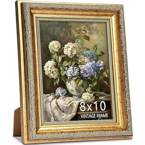 8x10 Picture Frame, Ornate Vintage Gold Photo Frames with HD Glass for Wall Hanging and Tabletop Display, 8 x 10 Antique Photo Frame with Distressed Rust-Like Finish, Retro Home Decor