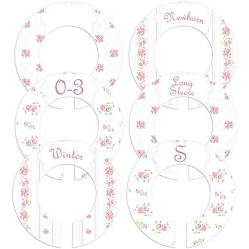 6 Baby Girl or Adult Clothing Size Closet Rod Divider Tags Pink Roses (1.5 Inch Rod)