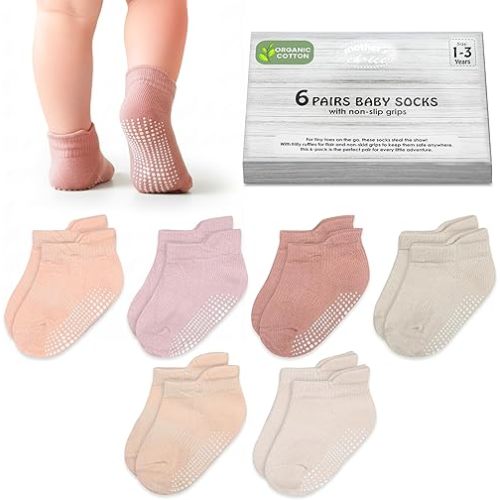 Mother's Choice Organic Cotton Ankle Baby Socks 1-3 Years – 6 Pairs, Soft Breathable Non-Slip Socks for Baby Boys & Girls with Anti-Skid Grip