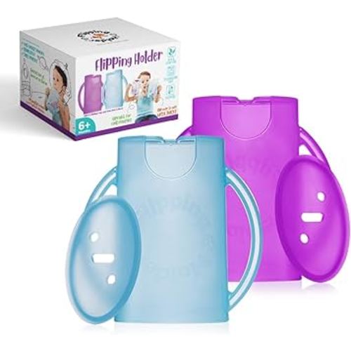 Flipping Holder with lid for Food Pouches & Juice Boxes - Multipurpose Design - Prevent Messes & Support Self-Feeding - Handles for Easy Grasping - Made in USA