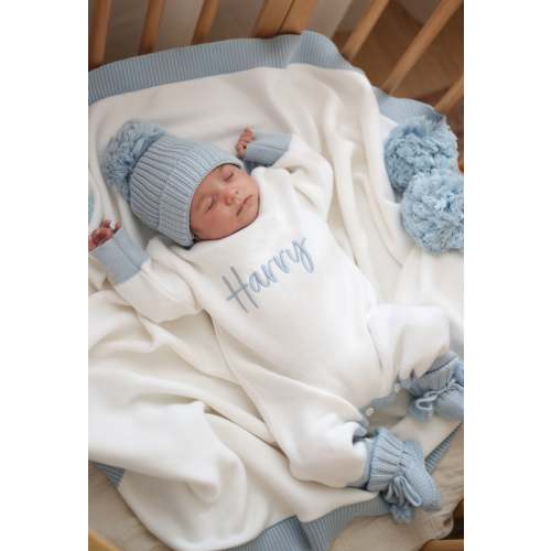Personalised baby romper white with blue trim – Penny and Co Collections