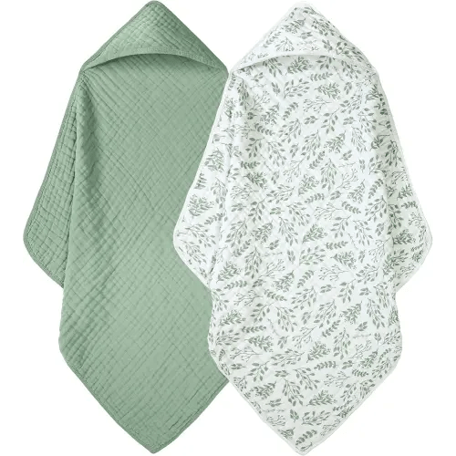 Baby Bath Towels, 100% Muslin Cotton Hooded Baby Towels for Newborn, 2 Pack Baby Towels with Hood for Infant Toddler and Kids, Large 32x32Inch, Soft and Absorbent