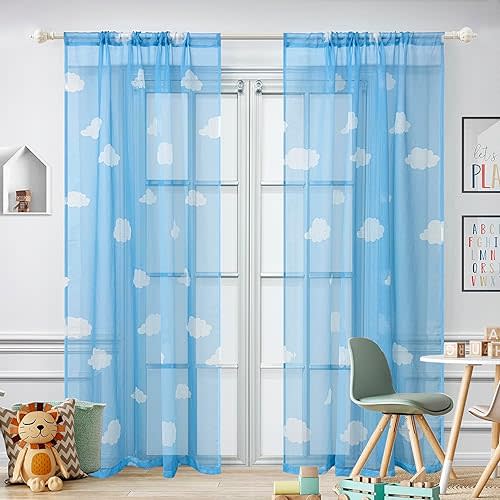 Cartoon Print White Cloud Sheer Curtains for Kids Bedroom Living Room Rod Pocket Top 2 Panels 84 Inches Long Blue Light-Filtering Sheer Curtain for Nursery Baby Room (W42 L84 inch,Blue Sheer)