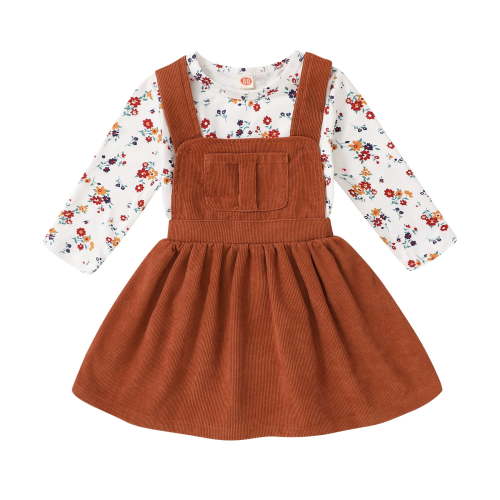 Younger Tree Toddler Baby Girl Fall Dress Outfit Long Sleeve Top Strap Dress Overall with Pocket Clothes Set for 2-3T