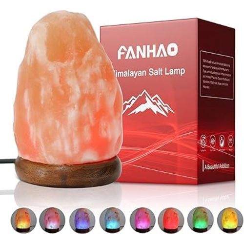 FANHAO USB Himalayan Salt Lamp with 8 Colors Changing, Natural Crystal Salt Rock Lamp Table Lamps for Gifts, Home Décor - Hand Carved, LED Bulb and Real Rubber Wood Base