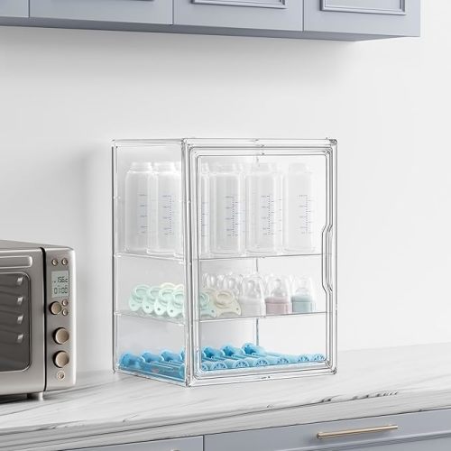 Baby Bottle Storage Organizer for Countertop Cabinet, 3 Tiers Adjustable with 2 Removable Dividers and Magnetic Door
