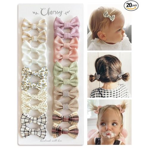 Baby Girls Hair Bow Clips, 20pcs Boutique Cotton Fully Lined Hair Pins, Non Slip Baby Barrettes Accessories for Infants Toddlers Fine Hair by Cherssy