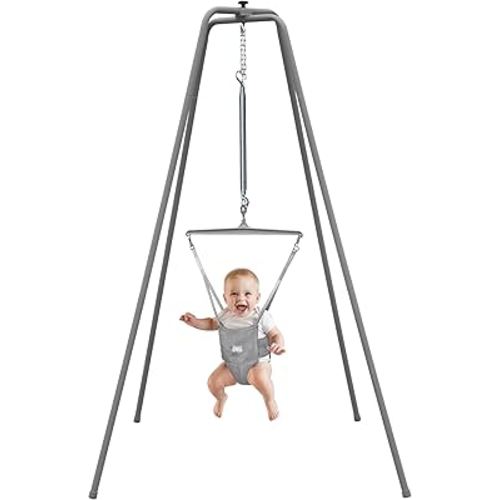 Jolly Jumper Elite (Grey) Baby Exerciser - Sturdy Frame, 6 ft Tall Stand Baby Jumper, Indoor and Outdoor Exercise Saddle Seat, Adjustable Height, for Infants up to 28 lbs
