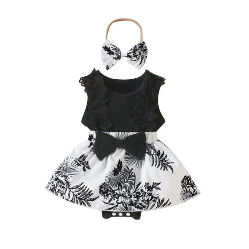 Atogsazn Baby Girls Clothes Set Toddler Infant Ribbed Jumpsuit Romper Floral Skirt Outfit with Headband Z-Black 6-9 Months Fashion