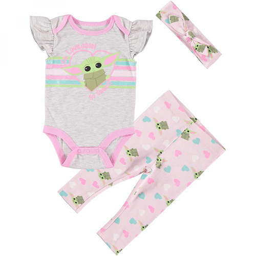 Star Wars Baby Yoda Girls 3-Piece Outfit Set, Bodysuit, Pants & Headband, Pink, Sizes 3-6M