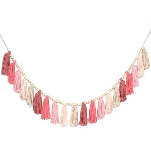 Tasruwat Pink Yarn Tassel Garland Boho Preppy Wall Hanging Decor Bunting Banner Tassels with Wood Bead for Nursery Classroom Office Birthday Party Baby Shower Kids Girls Dorm Bedroom Decorations