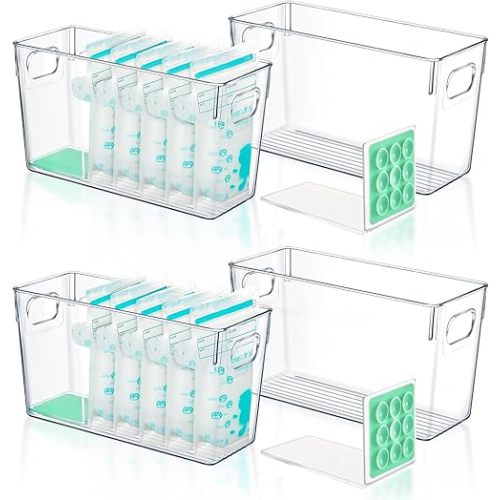 Chunful 4 Set Breastmilk Storage Containers for Freezer Fridge with L-shaped Compressor, Stores up to 48 Breast Milk Bags for Flattening Breast Milk Bags, Transparent Organizer Bins 11" Long 2mm Thick