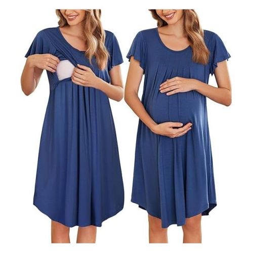 Ekouaer Nursing Nightown Labor and Delivery Gown for Hospital Pleated Breastfeeding Dress Short Sleeve Maternity Sleepwear Navy Blue M