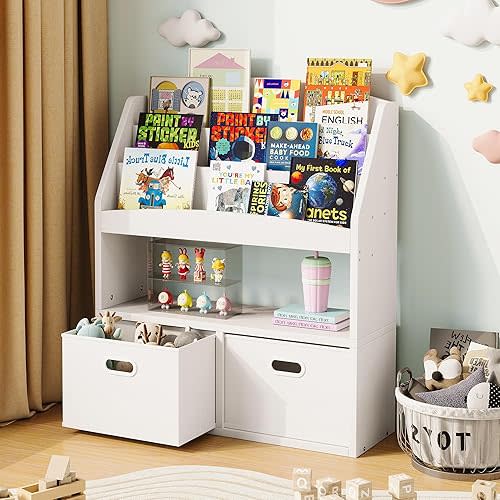 Homeiju Kids Bookshelf & Toy Storage Organizer with 2 Fabric Bins, 3 Tier Children Book Shelf, Toddler Bookcase for Toddler, Kids Room, Toys, Nursery, Playroom, White