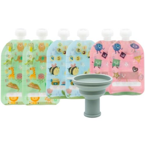 WeeSprout Double Zipper Reusable Food Pouches, Educational - 3.4oz, 5oz, & 7oz (2 ea)