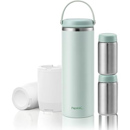 Papablic Innovative 360° CapsuleChill Breastmilk Cooler for 36H Safe Storage, 20oz Stress-Free Portable Breast Milk Chiller with 2pcs Stainless Steel Baby Bottles for Work & Travel, Mint Green