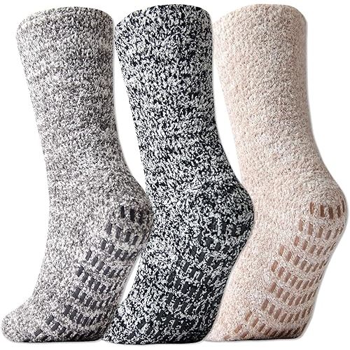 JORMATT 3 Pairs Ultra Thick Grip Fuzzy Socks Non Skid Slipper Hospital Socks Unisex