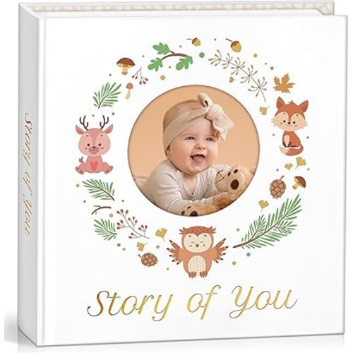 Baby's Firsts Five Years Memory Book, Laminated Hardcover with Full-Color Print, Photo Cutout, Golden Spiral Binding, 110 Pages, Includes Full-Color Print Sleeve Box, Perfect Keepsake for Newborns.