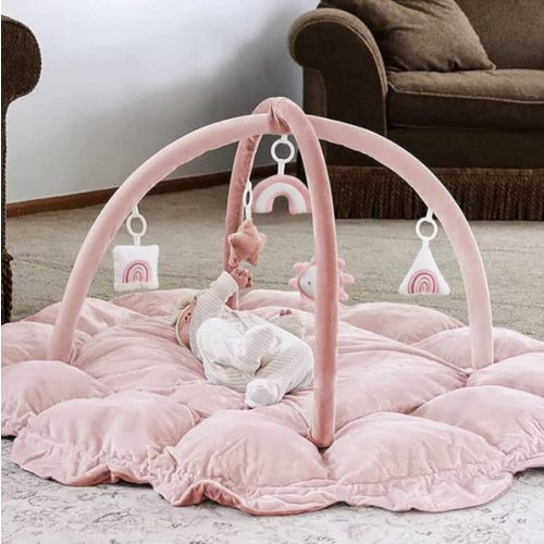 HAN-MM 5-in-1 Convertible Baby Play Gym with 6 Toys, Tummy Time Mat for Sensory Development, Baby Activity Center from Newborn to Toddler, Ball Pit, Cat & Dog Bed, Soft Plush Pet Bed, Pink