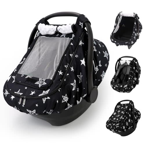 Car Seat Cover Baby Boy, Infant Car Seat Canopy Outdoor, 2 Layers with Mesh and Sun Shade Window for Summer Winter, Easy Access Carseat Covers Snug Fit Baby Stroller - Black Star