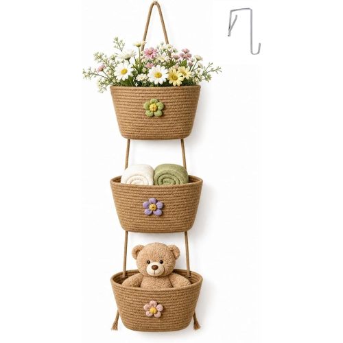 Hanging Wall Basket 3-Tier Woven Cotton Over the Door Storage Organizer