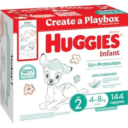 Huggies Infant Nappies Size 2 (4-8kg) Value Pack 144 Pack | Woolworths