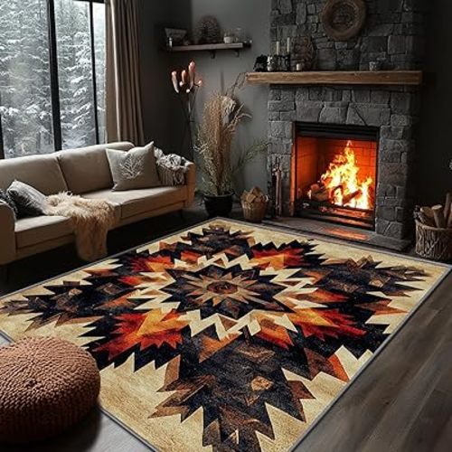 Aztec Rugs for Living Room - Native American Rug, 4x6 Rug, Geometric Aztec Tribal Rustic Area Rug, Southwestern Ethnic Carpet, Washable & Non Slip & Soft Large Rugs, Aztec Home Decor
