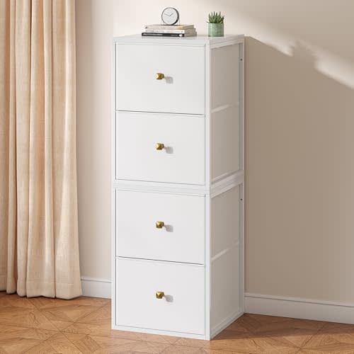Romorgniz 4-Drawer Stackable Storage Unit, Versatile Closet Organizer | Freestanding White Dresser for Bedroom Under Bed Dorm with Fabric Drawers, 66LBS/Wood Top, 22LBS/Drawer, Sorting and Storage