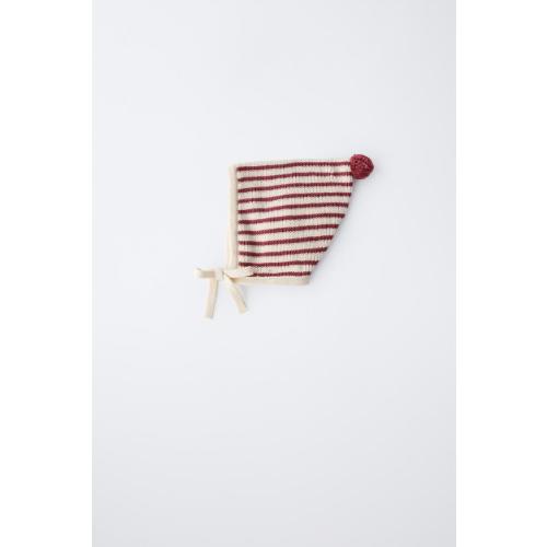 STRIPED TOWEL POMPOM BONNET - Maroon | ZARA United States