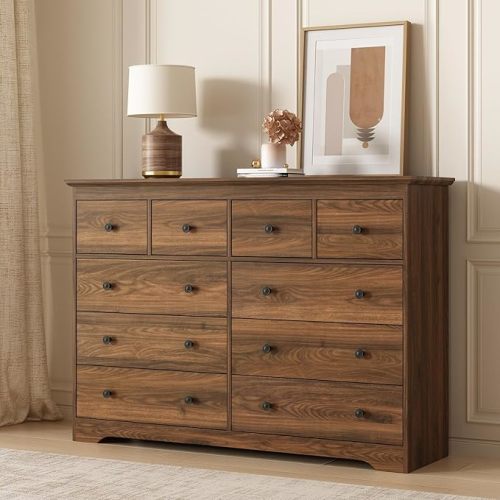 Modern 10 Drawer Dresser, 55.1" Wide Dressers & Chests of Drawers with Large Capacity Storage, Wood Mid Century Storage Dressers Organizer for Bedroom, Entryway, Brown