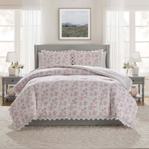 My Texas House Hum Eyelet 3-Piece Pink Floral Cotton Comforter Set, King