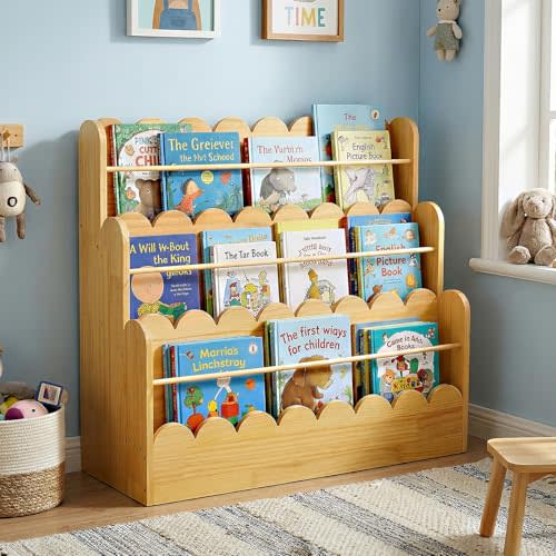 Scalloped Design | 3-Tier Montessori Solid Wood Kids Bookcase | 29.6" Wide Toddler Storage Shelf | Easy Access Floor Display Furniture for Playroom/Nursery