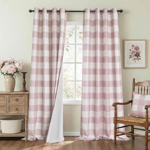MYSKY HOME 100% Blackout Plaid Linen Curtains Double Layer Thermal Insulated Farmhouse Vintage Buffalo Check Grommet Window Treatments for Living Room Bedroom, W52 x L96, 2 Panels, Dusty Pink