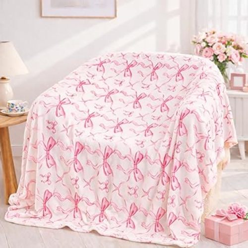 Pink Bow Throw Blanket –Spring Mother's Day Soft Fleece Blanket for Girls and Women, Coquette Aesthetic Room Decor for Bed, Couch, Chair, Preppy Bedroom or Gift, Cute Pink Bow Decor Blanket