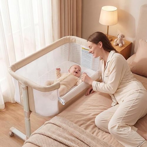 Baby Bassinet Bedside Sleeper, Bedside Bassinets for Baby, Newborn Bassinet Bedside Sleeper with Wheels, Full Breathable Mesh, 6-Height Adjustable, Lockable Wheels, Easy to Assemble