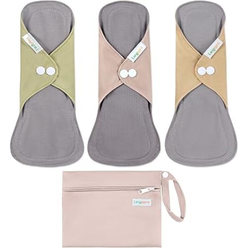 Langsprit Cotton Reusable Period Pads for Women, Washable Pads Menstrual, Regular Absorbency Cotton Cloth Menstrual 3pcs Set with Mini Wet Bag, Suitable for Menstrual Period