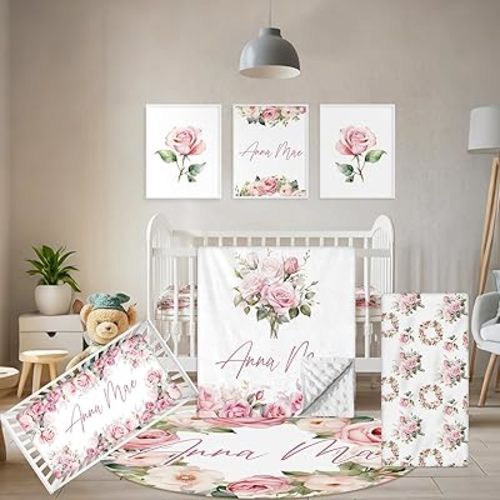 Custom Crib Bedding Set - 5 Pcs Personalized Name Pink Flowers Baby Crib Set for Infant Toddler Girl - Comfortable Double Layer Nursery Bedding Set - Customized Present for Birthday Baby Shower
