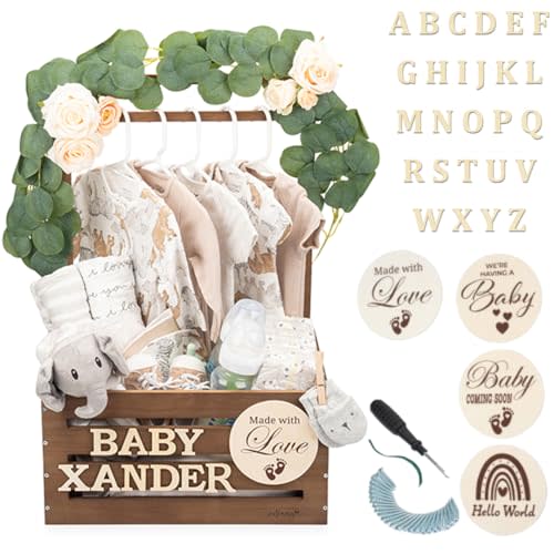 Little Cuteness Wooden Baby Shower Crate Closet - Rustic Brown, Personalized Baby Gift Basket with Dual Rod System, Easy Assembly, 16"L x 11.8"W x 8"H