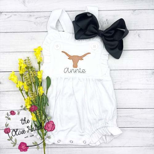 Summer Monogrammed Sunsuit / Longhorn Monogram / Summer Girl Outfit / Monogrammed Girls Bubble - Baby Shower gift / Embroidered Bubble