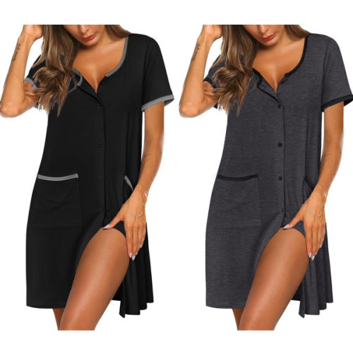Ekouaer 2 Pack Nightgowns for Women Button Down Houese Dress with Pockets