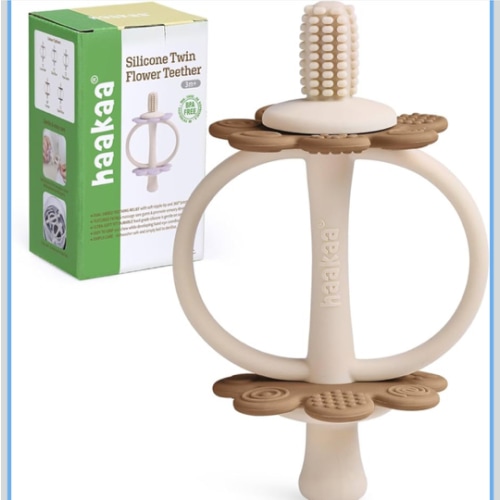 haakaa Silicone Baby Teether Toys,Nipple-Shaped End for Gum Massage,360° Baby Toothbrush Head for Self-Brushing Training,Easy to Grip-Cocoa