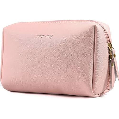 Narwey PU Leather Pink Makeup Bag Travel Cosmetic Bag Toiletry Organizer Make up Bag with Compartments for Women and Girls (Large, Pink)