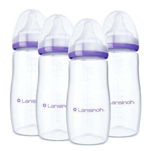 Lansinoh Anti-Colic Baby Bottles, 11 Ounces, 4 Count | Fast Flow Nipples (F), Breastfeeding Bottle with NaturalWave Design, BPA-Free Plastic, Baby Essentials