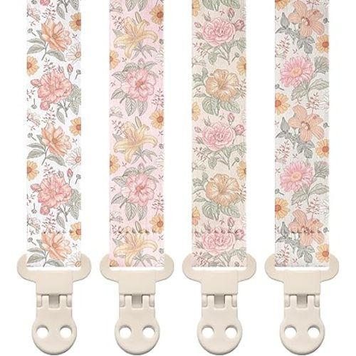 Stadela Baby Fabric Pacifier Clip Holder, Plastic Clip, 4‑Pack, Flowers Pattern, Lilly Set