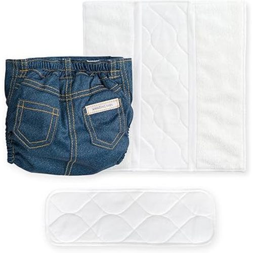 Amazing Baby Hybrid Cloth Diaper Cover with Pocket-Sling, Large, Sz 4 (22-40 lbs), Use Boosties Disposable or Reusable Inserts, Blue Jean, Set Includes Diaper Cover + Tri-fold Insert + Booster Pad