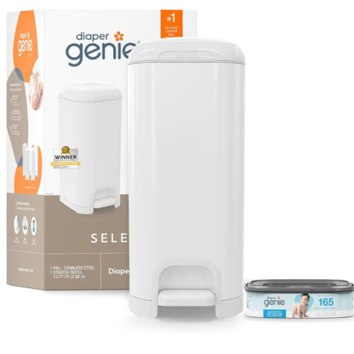 Diaper Genie Select Pail is Made of Durable Stainless Steel and Includes 1 Starter Square Refill That can Hold up to 165 Newborn-Sized Diapers.