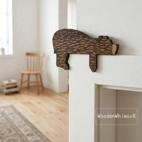 Wooden Bear Door Topper: Hand-Carved Textured Shelf Sitter, Rustic Cabin Decor, Forest Animal Art, Housewarming Gift