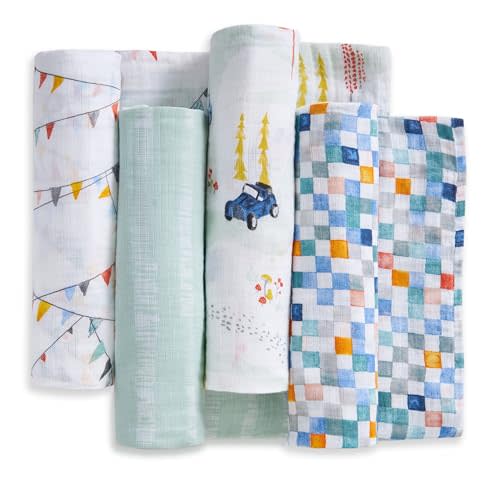 aden + anais Essentials Cotton Muslin Swaddles, Breathable Baby Blanket, Ideal for Boys, Girls, Newborns, Babies & Infants, Receiving Blanket, Soft and Lightweight Wrap, 4 Pack, Vintage Car Rally